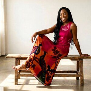 Vintage John Roberts Red Maxi dress lined Ombre with Peacocks Size 12